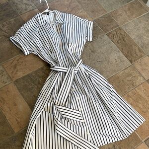 Talbots Striped Shirt Dress with Self-Tie Belt - White & Black